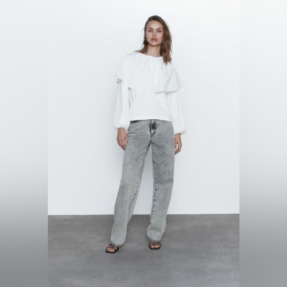 NWT Zara Contrast Poplin Cotton Long Sleeve Top in White Size Small